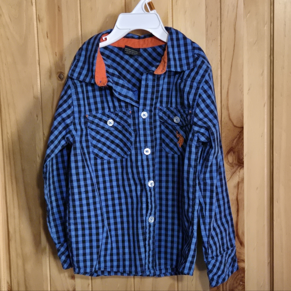 U.S. Polo Assn. Plaid Blue With Orange Accent Size 4 Button Down Long Sleeve